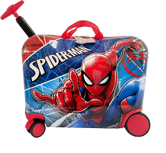 Fast Forward Spiderman Ride on Luggage for Kids, 18'' Suitcase with Seat for Kids, Cute Lightweight Travel Trolley