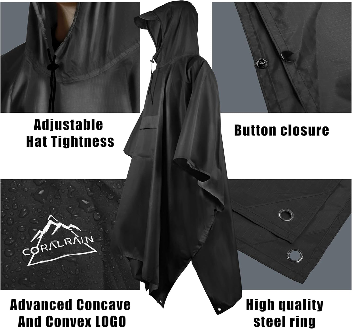 Coralrain Hooded Rain Poncho Lightweight Waterproof Unisex Raincoat Jacket with Pocket for Men Women Adult