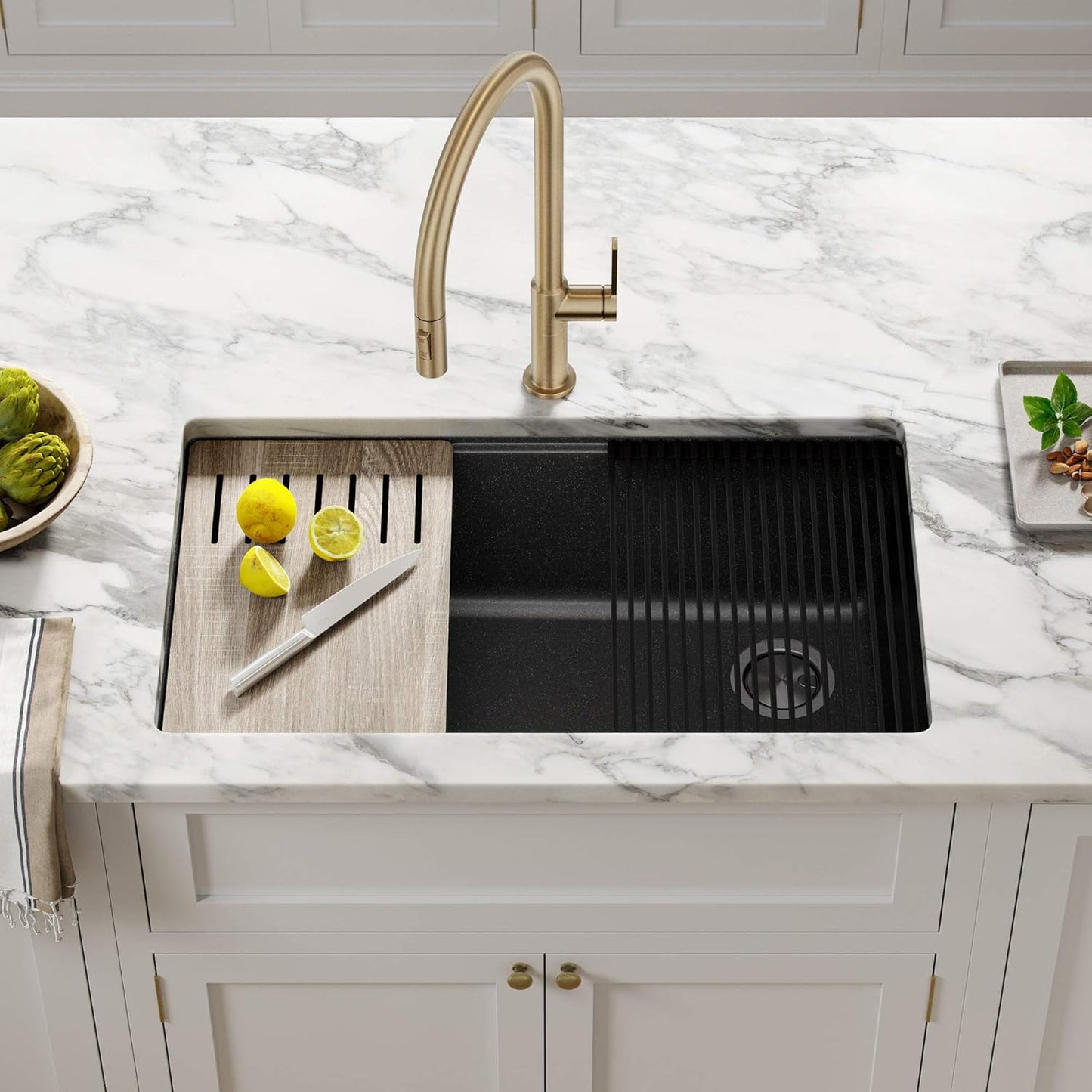KRAUS Bellucci 32” in. Undermount Workstation Granite Kitchen Sink in Metallic Black with Accessories, KGUW2-33MBL