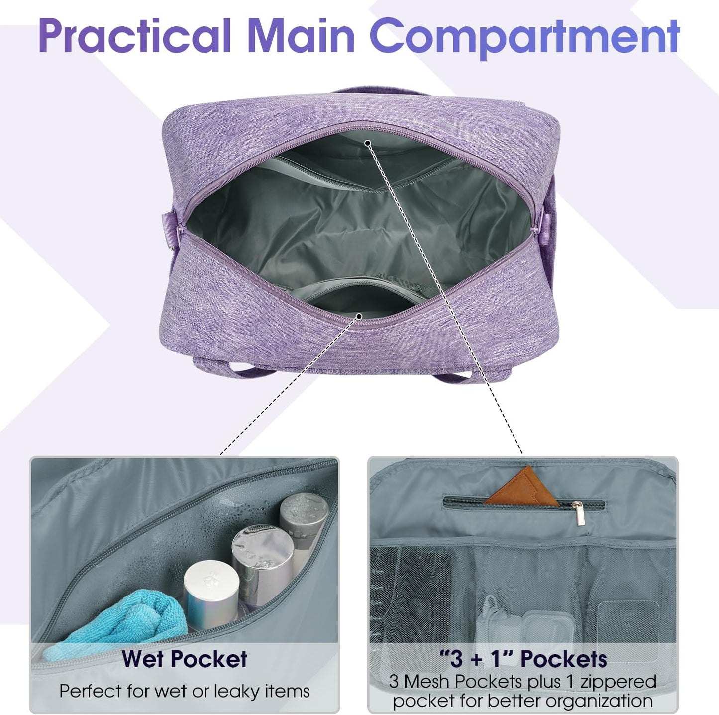 Narwey 18" Carry on Bag Underseat for Airplane with Wet Pocket Spirit Airlines Personal Item Bag Travel Duffel Bag Small Gym Bag Weekender Overnight for Women and Men (Purple)
