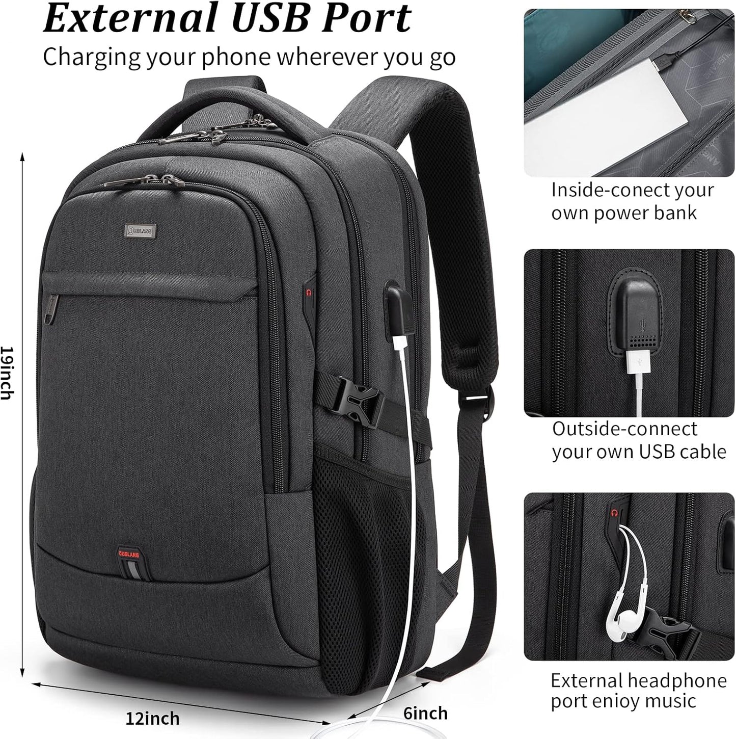 DUSLANG 17 Inch Laptop Backpack for Travel Water Resistant College Backpack for Men/Women Laptop Bag with USB Charging Port and Small Canvas Tote Bag, Black