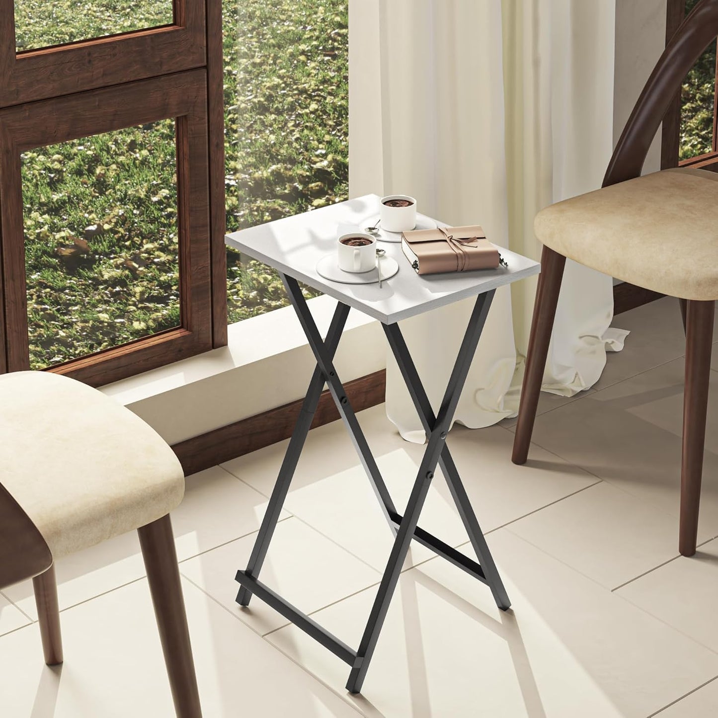 Foldable TV Trays, Small Folding Table, TV Trays Set of 2, TV Dinner Tray, Side Table for Bed, Couch, Portable Easy to Move, White