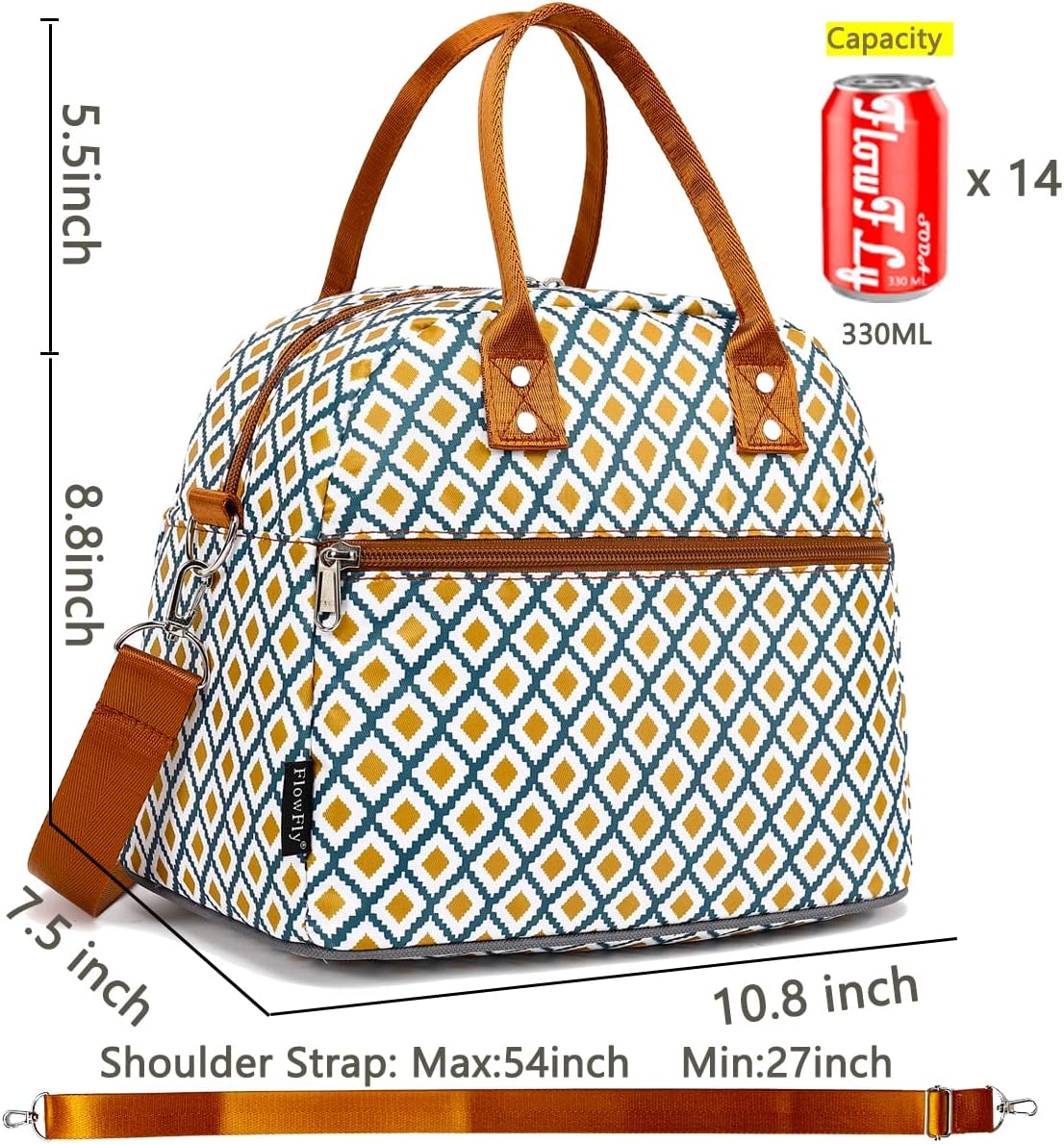 FlowFly Insulated Lunch Bag With Shoulder Strap for Women, Men, and Kids, Large and Reusable, Handle, Freezable Work and School Travel Tote and Meal Prep Organizer,Square