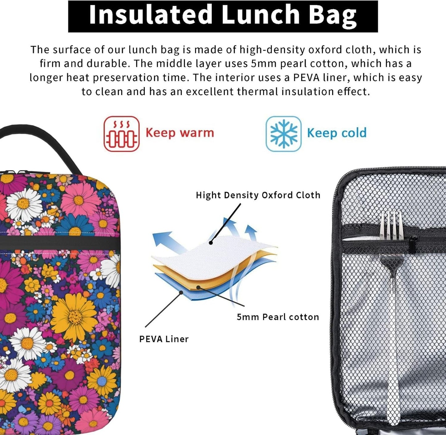 Floral Insulated Lunch Box for Women Men Floral Lunch Bag for Travel,or Fishing Polyester Floral Lunch Box