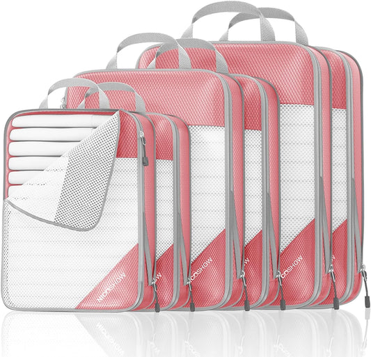 Compression Packing Cubes 6 Set, Compressible Space-Saving Packing Cubes for Travel - Compression Bags, Luggage Organizer, Travel Essentials for Women, Pink
