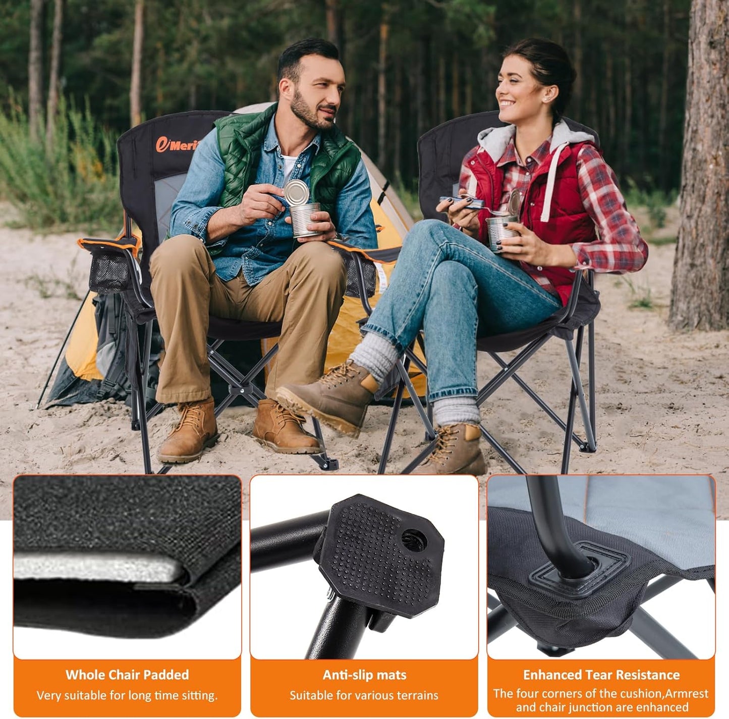 EMERIT 2 Pack Oversized Padded Camping Chair, 350LB Heavy Duty Quad Fold Chair with Arms, Collapsible Outdoor Chairs with Lumbar Back & Cup Holder