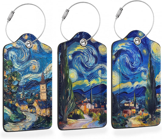 Starry Night Swirl 3 Pack PU Leahter Luggage Tag with Stainless Steel Loop, Retro Style Starry Village Travel Suitcase Labels with Privacy Cover ID Label Quickly Spot for Bags