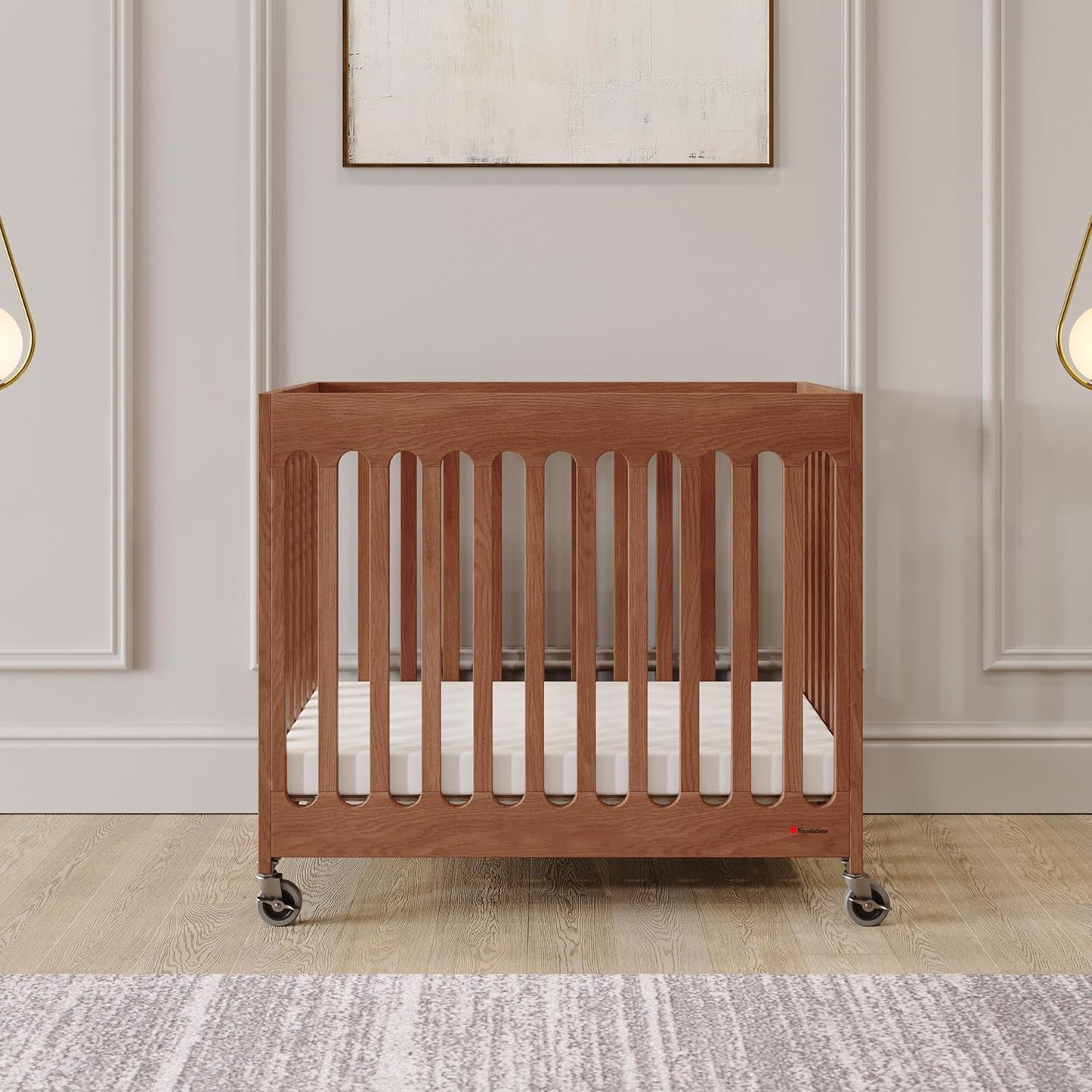 Foundations Boutique Folding Hotel Crib and Sheet Bundle - Includes Wooden Mini Crib with 3" Foam Mattress (Cherry) and 6-Pack White Fitted Compact Sheets
