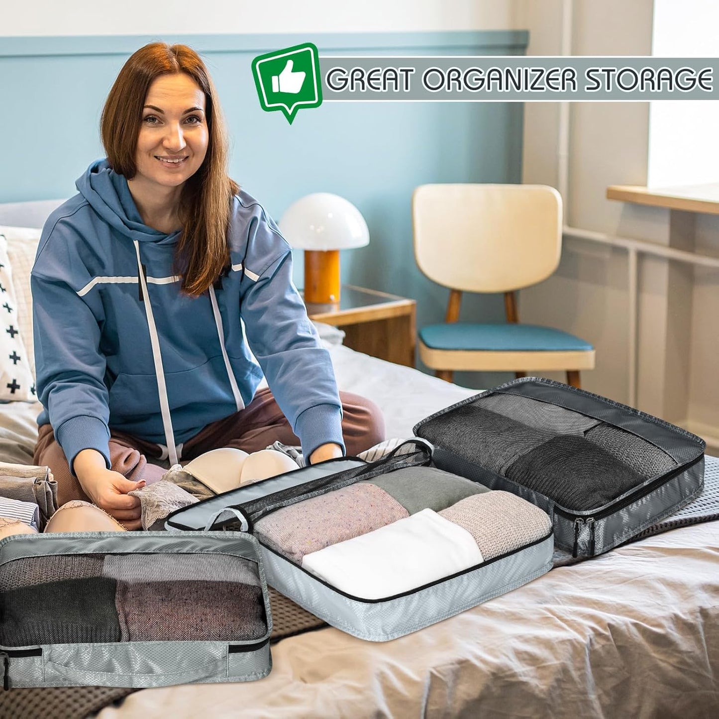 5 Pcs Packing Cubes for Suitcase Large Travel Cubes Carry on Luggage Organizer Bags for Clothes Accessories(M,Gray)