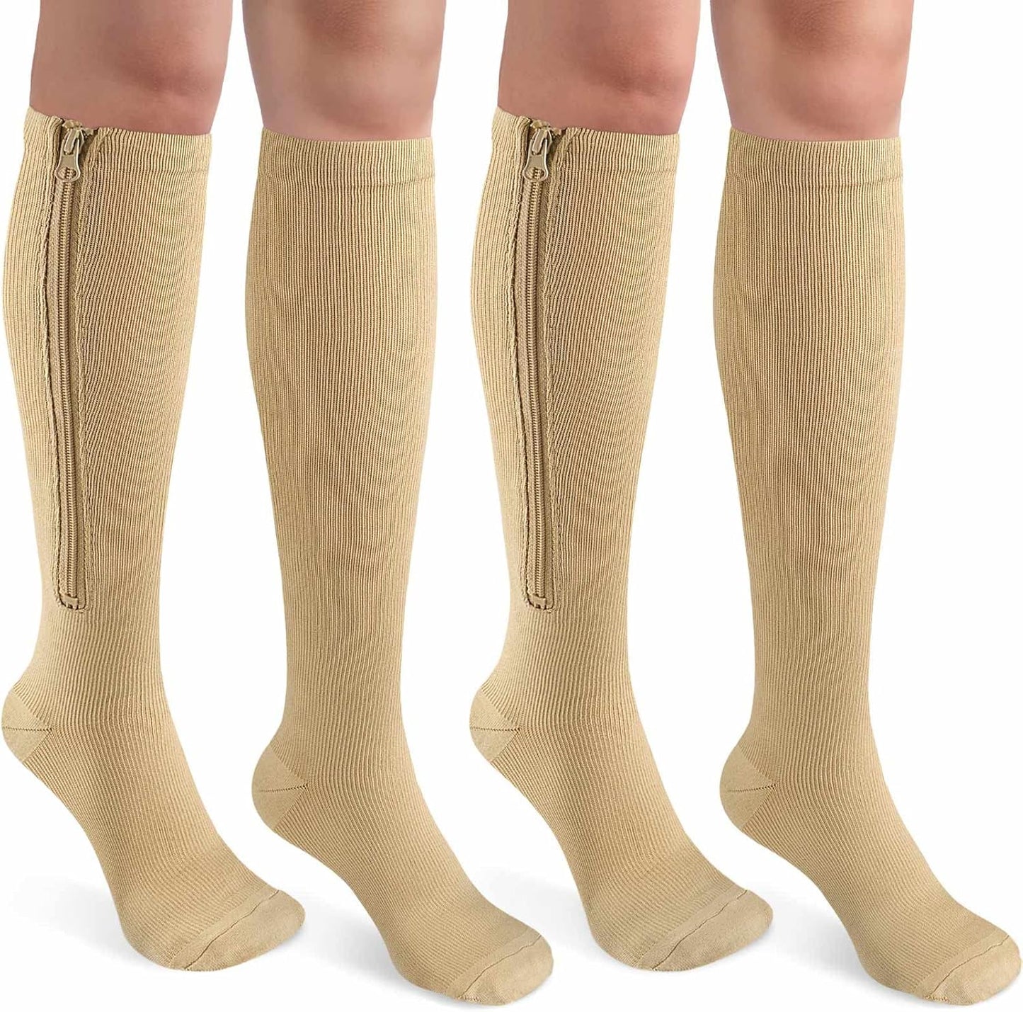 CASMON 2 Pairs Zipper Compression Socks for Women & Men,15-20 mmHg Closed Toe Knee High Support Sock for Varicose Vein Edema