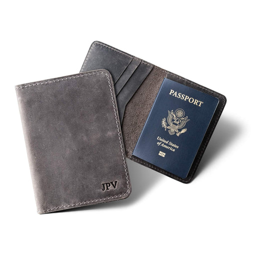 PEGAI Personalized Leather, Passport Holder For Travel | Handmade Passport Wallet Cover Case | Travel Document Holder, Passport Cover for Men, Women, and Family | Pike (Rock Grey)