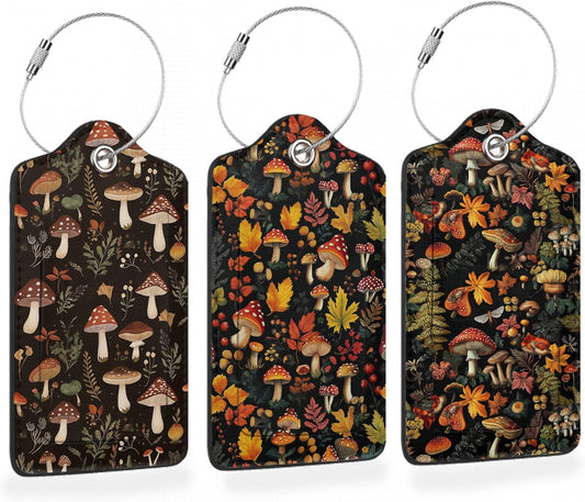 Psychedelic Mushrooms, Butterflies, Insectsts 3 Pack PU Leahter Luggage Tag with Stainless Steel Loop, Travel Suitcase Labels with Privacy Cover ID Label Quickly Spot for Bags