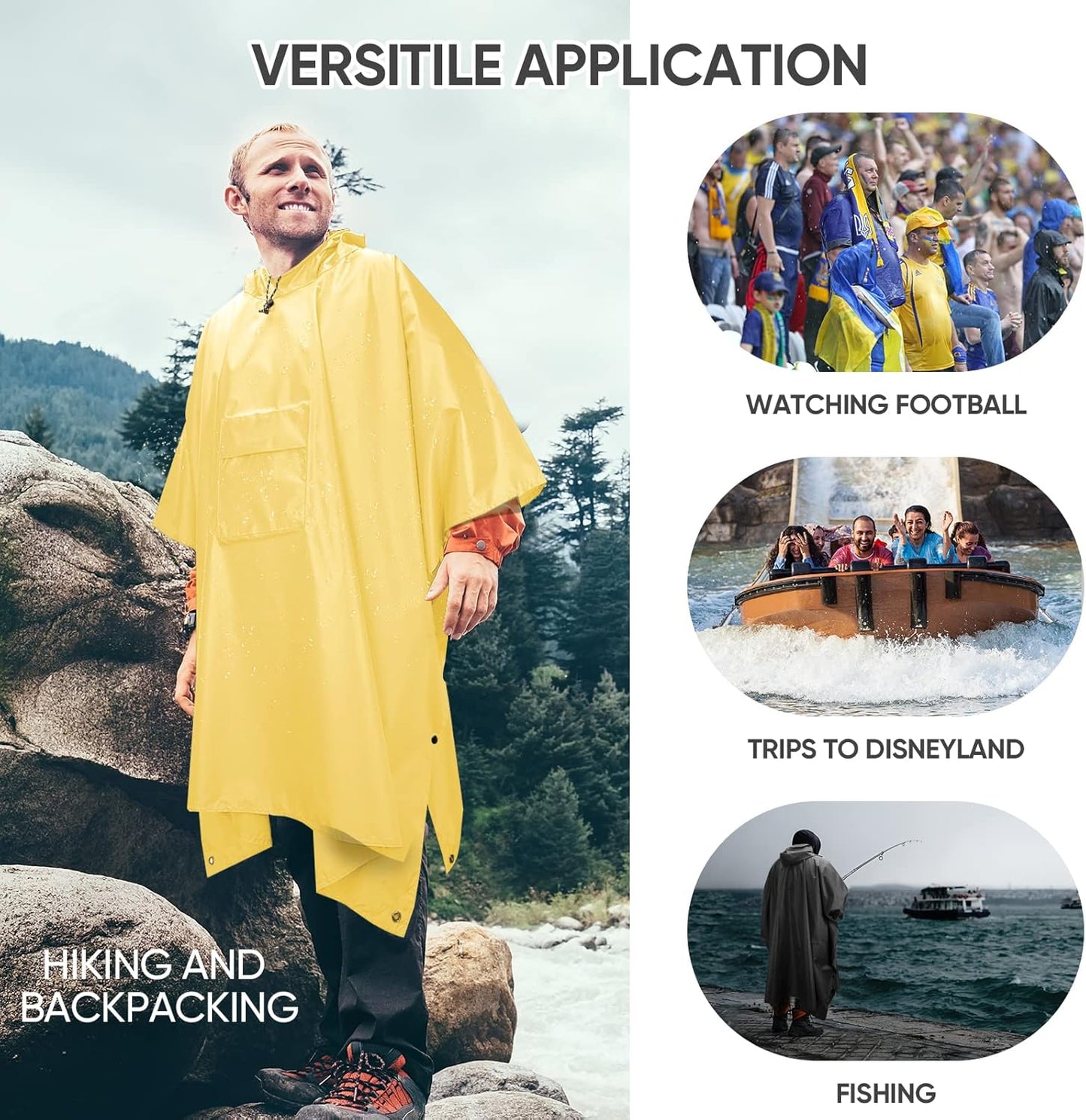 PTEROMY Hooded Rain Poncho for Adult with Pocket, Waterproof Lightweight Unisex Raincoat for Hiking Camping Emergency