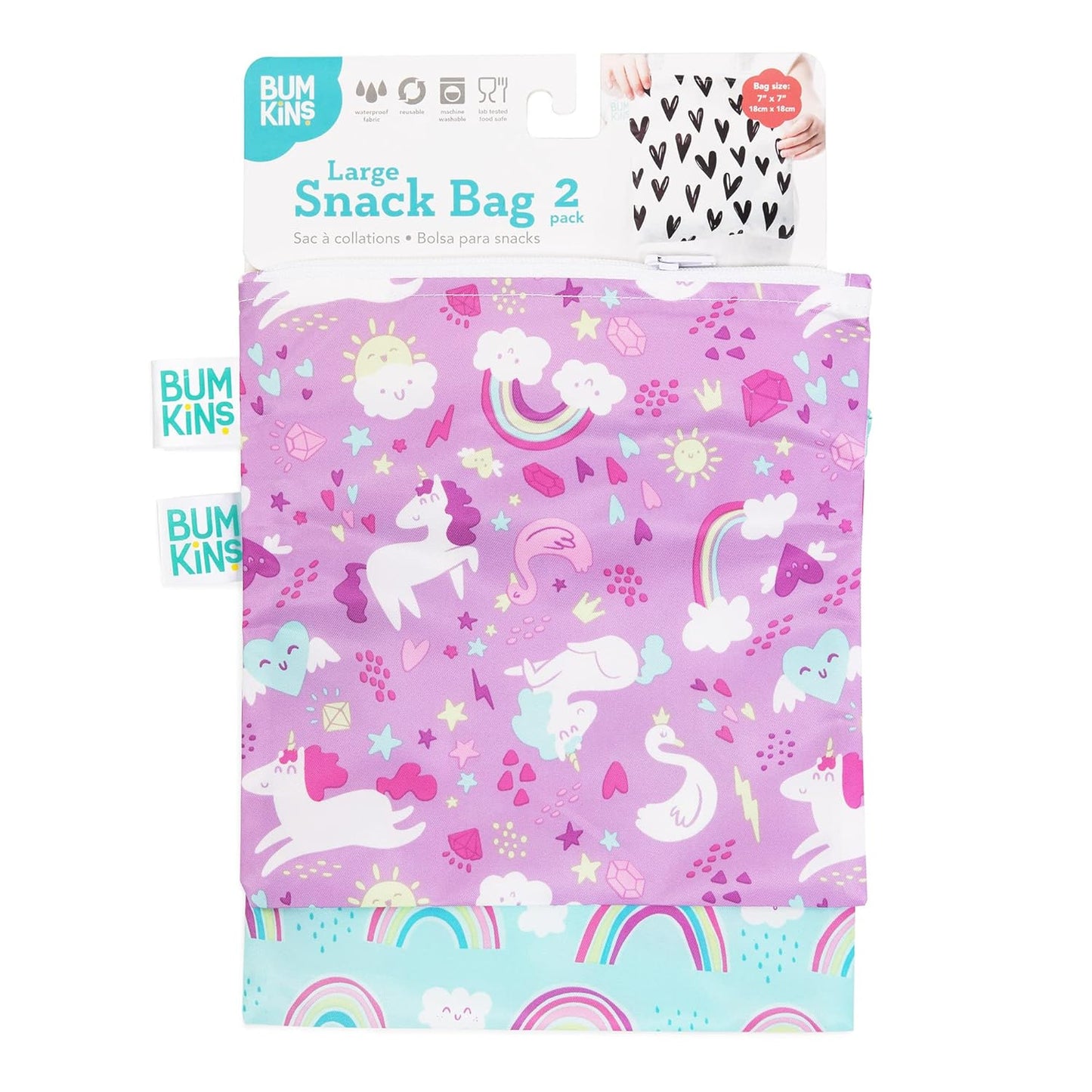 Bumkins Reusable Sandwich and Snack Bags, for Kids School Lunch and for Adults Portion, Washable Fabric, Waterproof Cloth Zip Bag, Travel Pouch, Food-Safe, Large 2-pk Unicorns and Rainbows