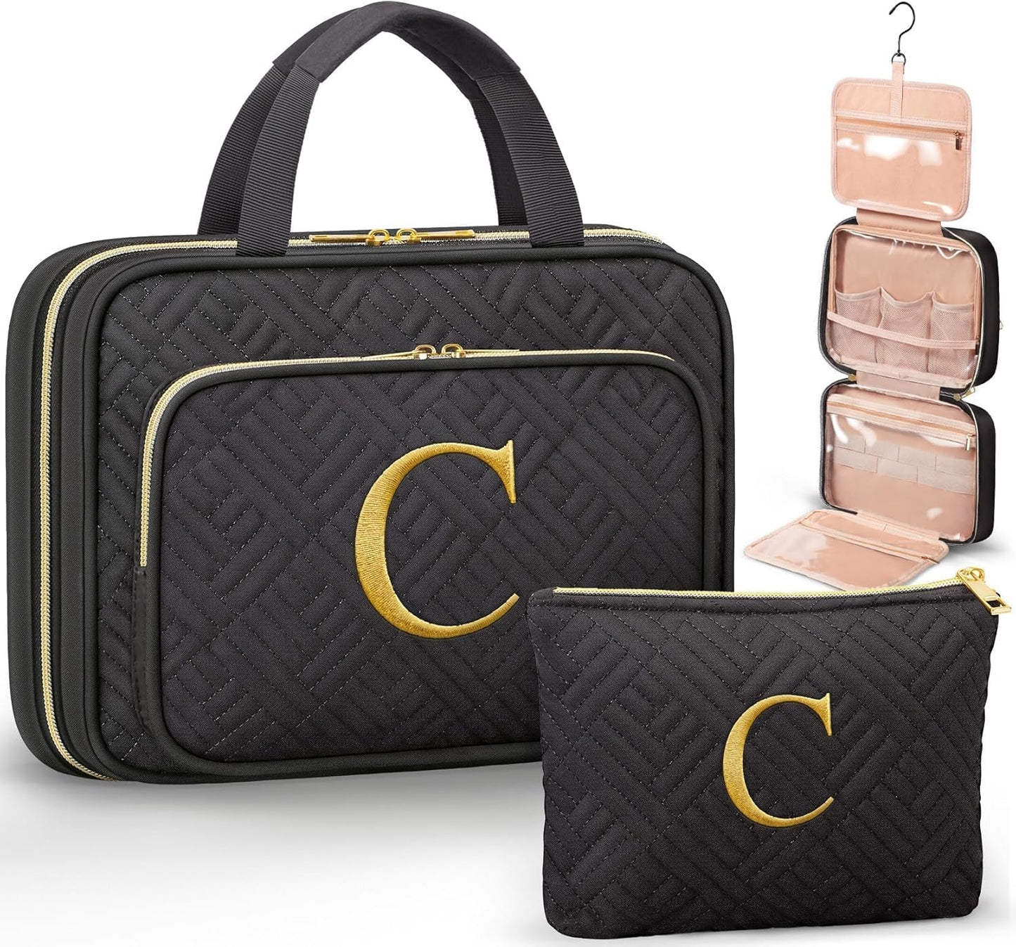 Personalized Gifts for Women, Initial Toiletry Bag Hanging Travel Organizer & Makeup Cosmetic Bag with Embroidery Letter Teacher Appreciation Gift Birthday Mothers Day Gifts for Mom Wife Friend Sister