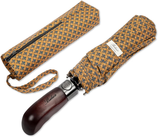 Balios Travel Folding Umbrella with Real Wood Handle Auto Open Close Vented Windproof Canopy - Designed in UK