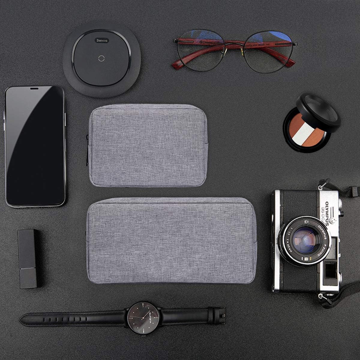 Portable Electronics Accessories Storage Bag, 2PCS Big + Small Carrying Case Travel Cable Organizer Cosmetic Bag Pouch Compatible Hard Drive, Power Bank, Mouse, Laptop Charger, Cellphone, Gray