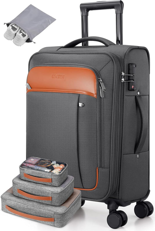 UKEIN Expandable Carry On Luggage 22x14x9 Airline Approved, 20Inch Softside Carry On Suitcase with Wheels & TSA Lock, Travel Suitcase with 4-Piece Packing Bags for Women Men (Grey, Carry on （20in）)