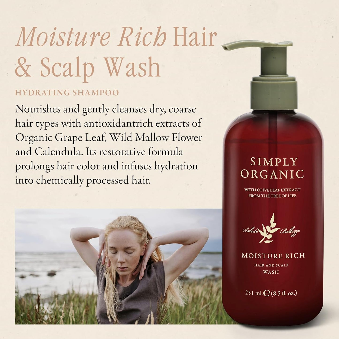 SIMPLY ORGANIC Nourishing Hair Deep Shampoo Scalp Wash, Made in Italy, All Natural Cruelty Free Hair Care for Women & Men with Grapeseed & Olive Leaf Extract, 251ml/8.5floz, MOISTURE RICH