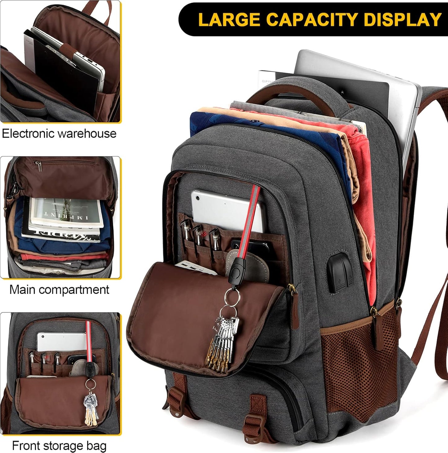 Tzowla Canvas Laptop Backpack, Bag for Men Women,Travel Work Rucksack Fits 17.3 Inch Laptop, Bookbag with USB Charging Port