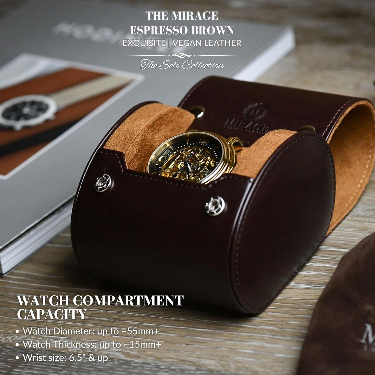 Single Watch Case Travel Box - Watch Travel Case for Men – Single Watch Roll - Espresso Brown Swiss Motif Vegan Leather