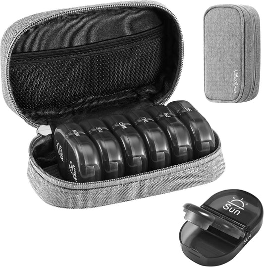 Serfeymi Weekly Travel Pill Organizer 2 Times A Day AM PM Upgraded Black Pill Box 7 Day with Portable Zipper Canvas Pill Case, Medicine Organizer for Pills, Vitamins, Supplements, Fish Oils - Grey 01