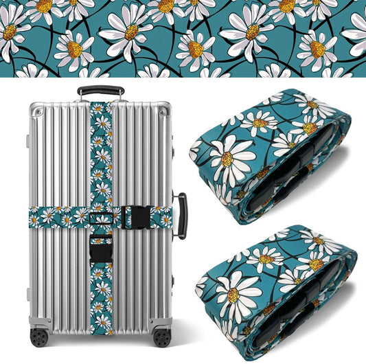 White Daisy Luggage Straps for Suitcases TSA Approved, Luggage Identifiers for Suitcase, Adjustable Suitcase Strap for Baggage Security with Cute Patten, Travel Necessary Accessories (2 Pack)