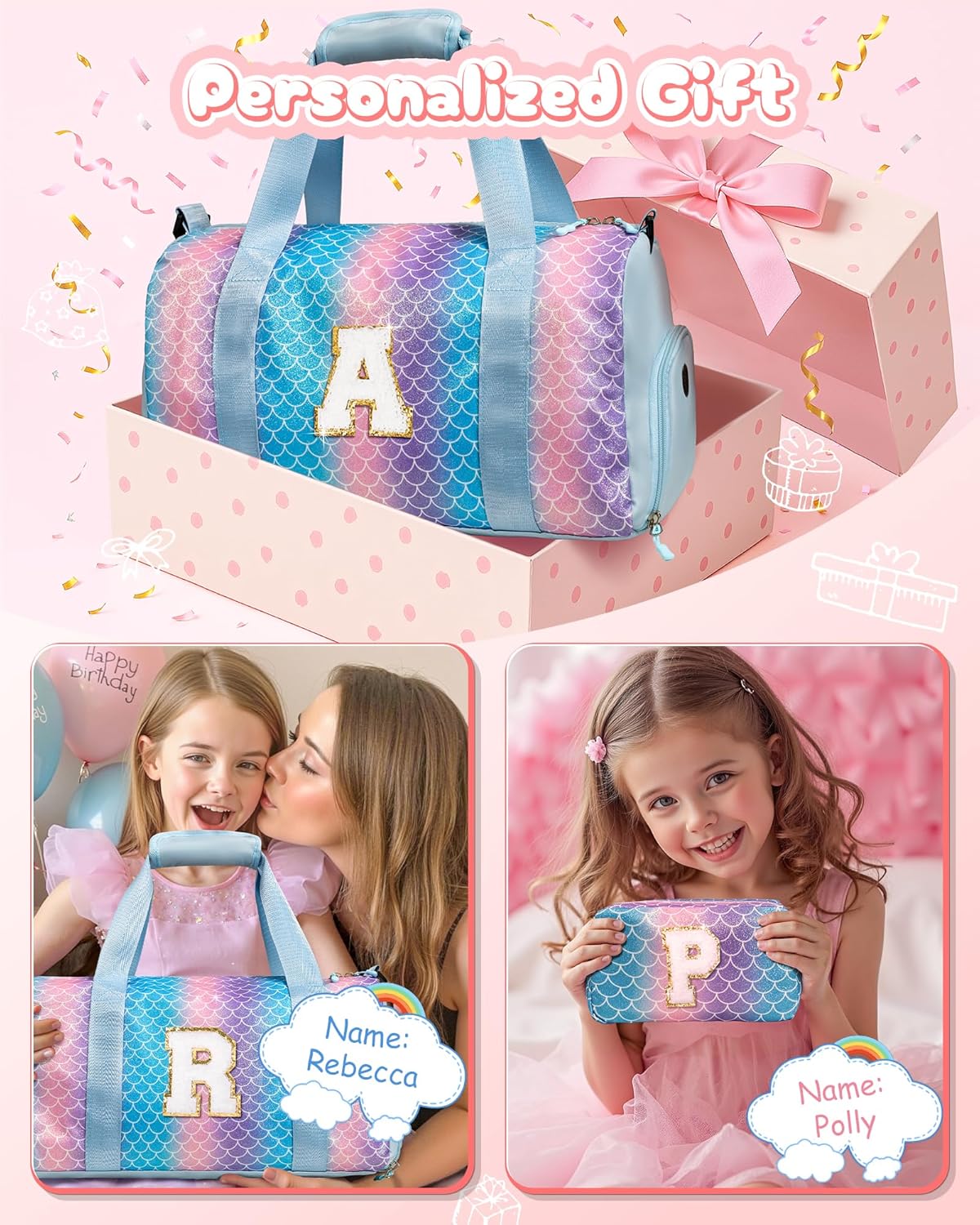 Graduation Gifts for Girls-Girl Gym Bag with Shoe Compartment, Kid Personalized Weekender Overnight Bags, Initial Travel Tote with Makeup Pouch, Gift Ideas for Niece Sister (Letter W)
