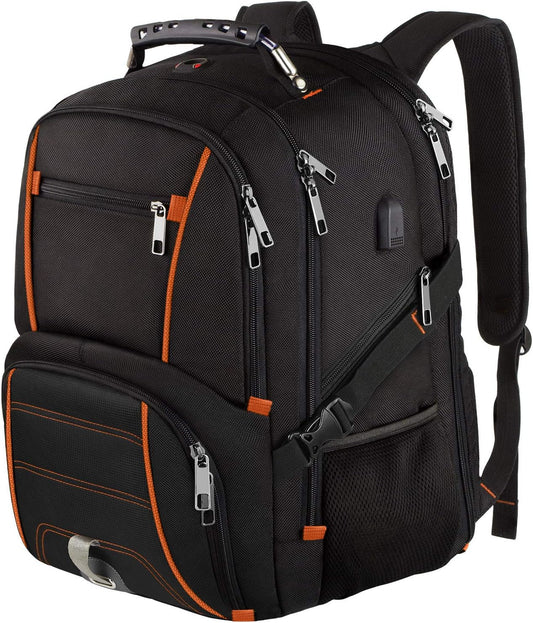 Travel Backpacks for Men Women,Extra Large College School Laptop Bookbags with USB Charging Port,RFID TSA Friendly Water Resistant Business Computer Bag with Luggage Sleeve Fit 17.3''Laptop 45L,Orange