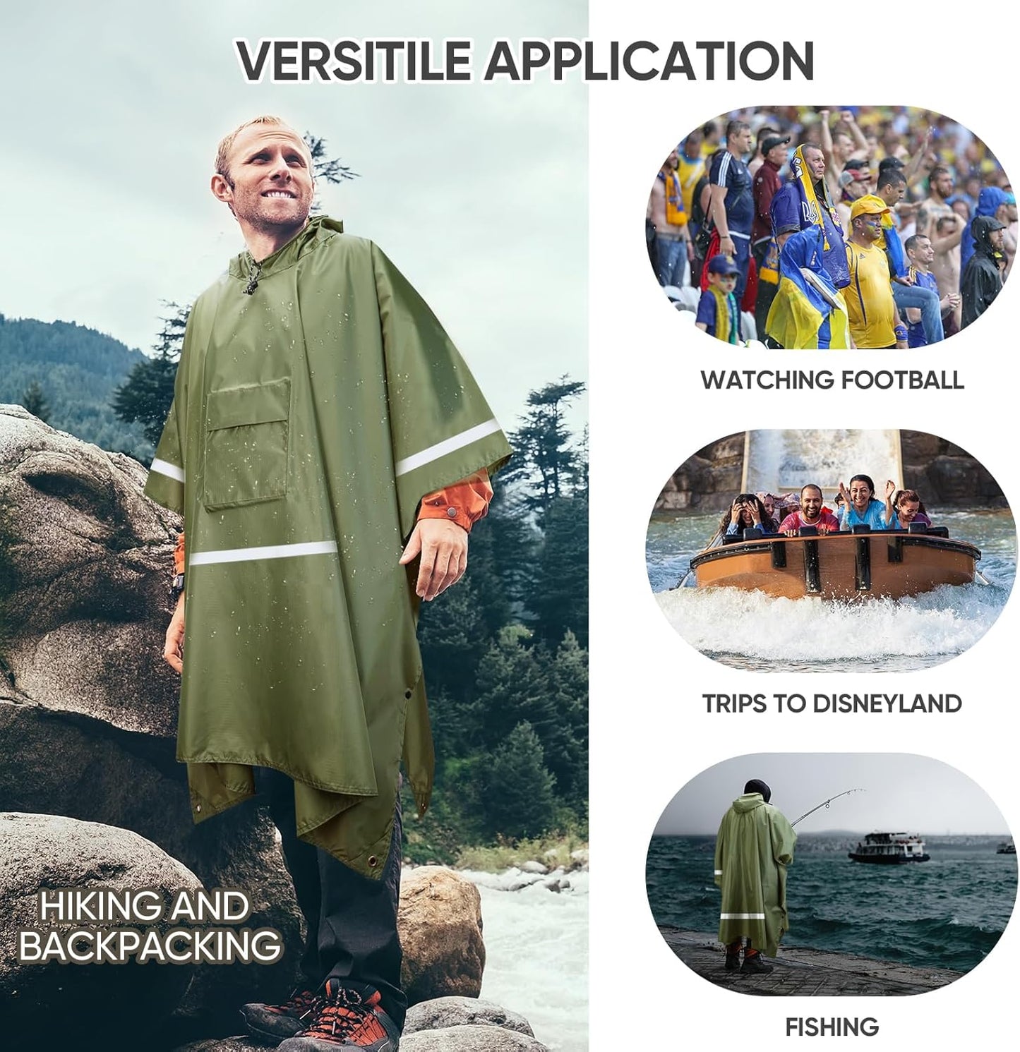 PTEROMY Hooded Rain Poncho for Adult with Pocket, Waterproof Lightweight Unisex Raincoat for Hiking Camping Emergency