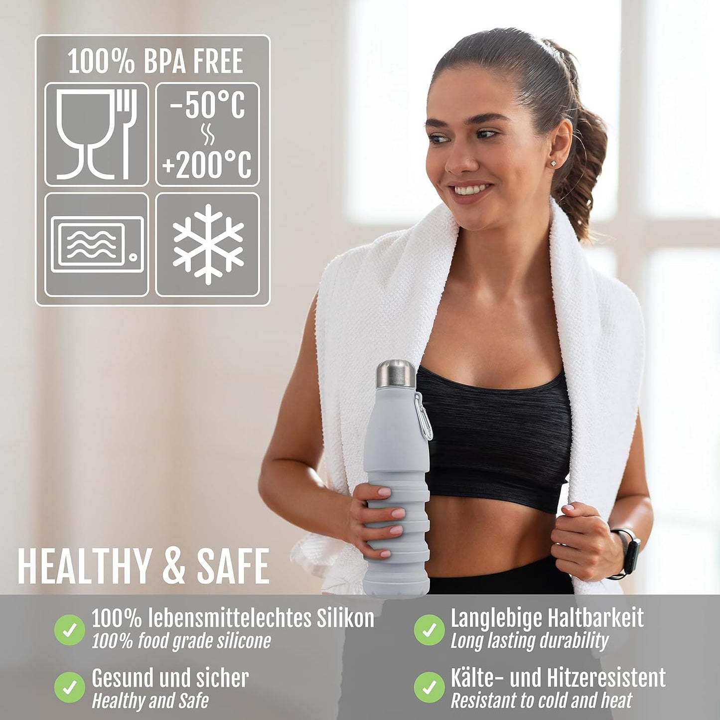 Foldable Drinking Bottle - BPA-free, leak-proof - Ideal festival accessory and practical outdoor companion with carabiner (Grey)