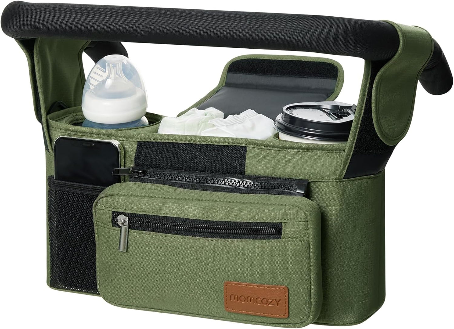 Momcozy Universal Baby Stroller Organizer, 2 Insulated Cup Holder, Detachable Zippered Pocket, Adjustable Shoulder Strap, Large capacity for baby essentials, Compact Design Fits Any Strollers