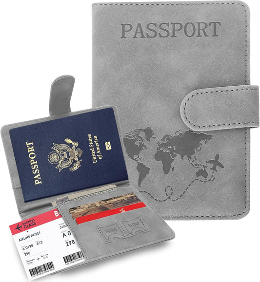Passport Holders, RFID Blocking Credit Card Holder, PU Leather Vaccine Card Holders for Travel with Magnetic Buckle, Travel Must Haves Cruise Ship Essentials for Men, Women (Grey)