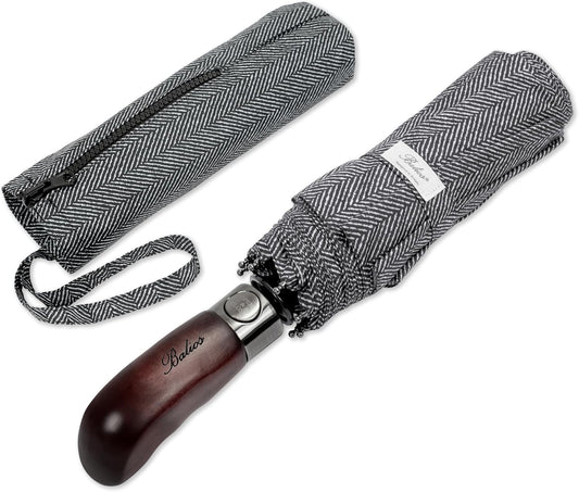 Balios Travel Folding Umbrella with Real Wood Handle Auto Open Close Vented Windproof Canopy - Designed in UK