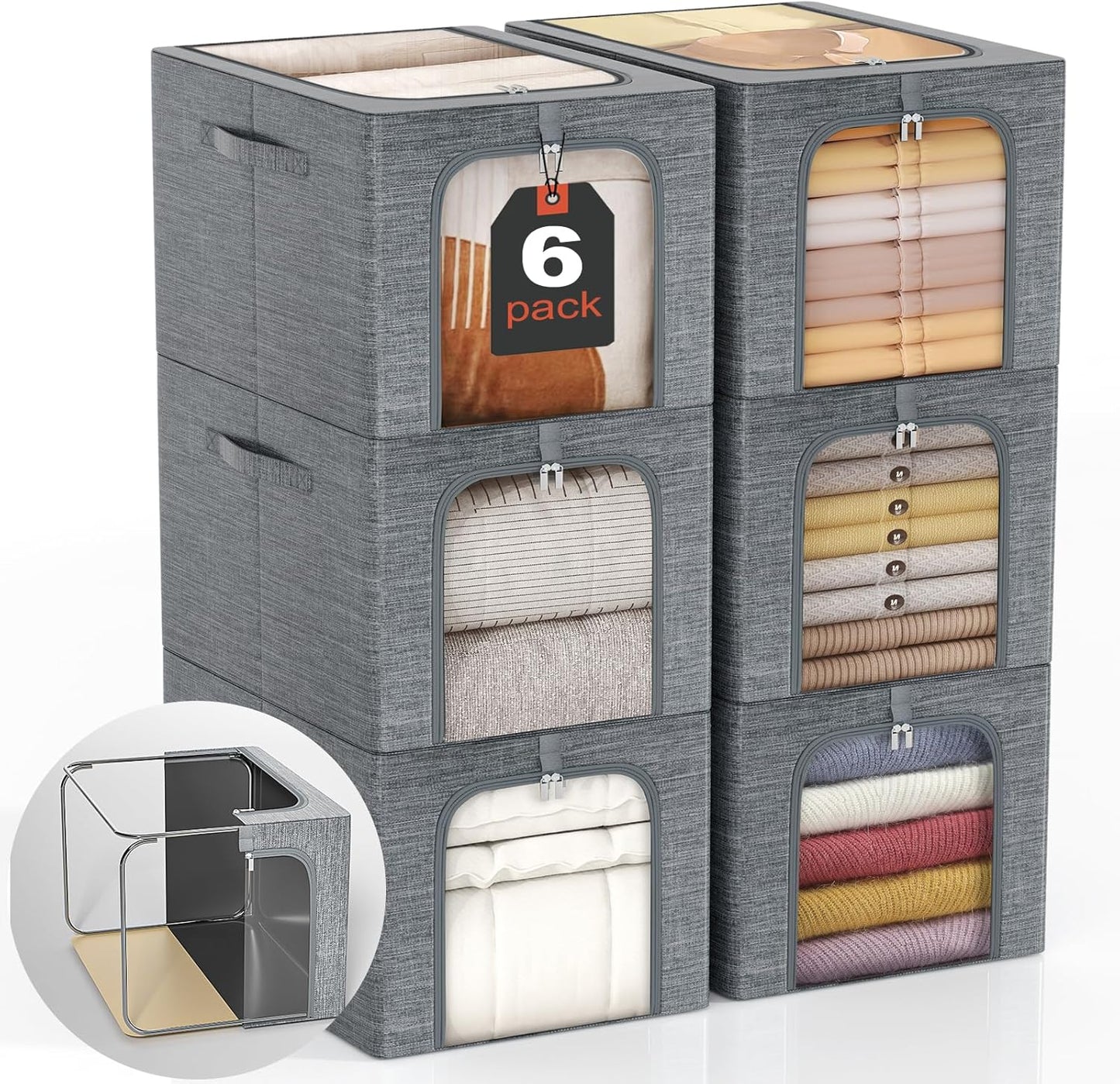GoMaihe Clothes Storage Bin with Metal Frame: 6-Pack Stackable Closet Storage Bin with Lid & Clear Window, Sweater Boxes Storage for Closet Bedding Clothing Storage Organizer 40L