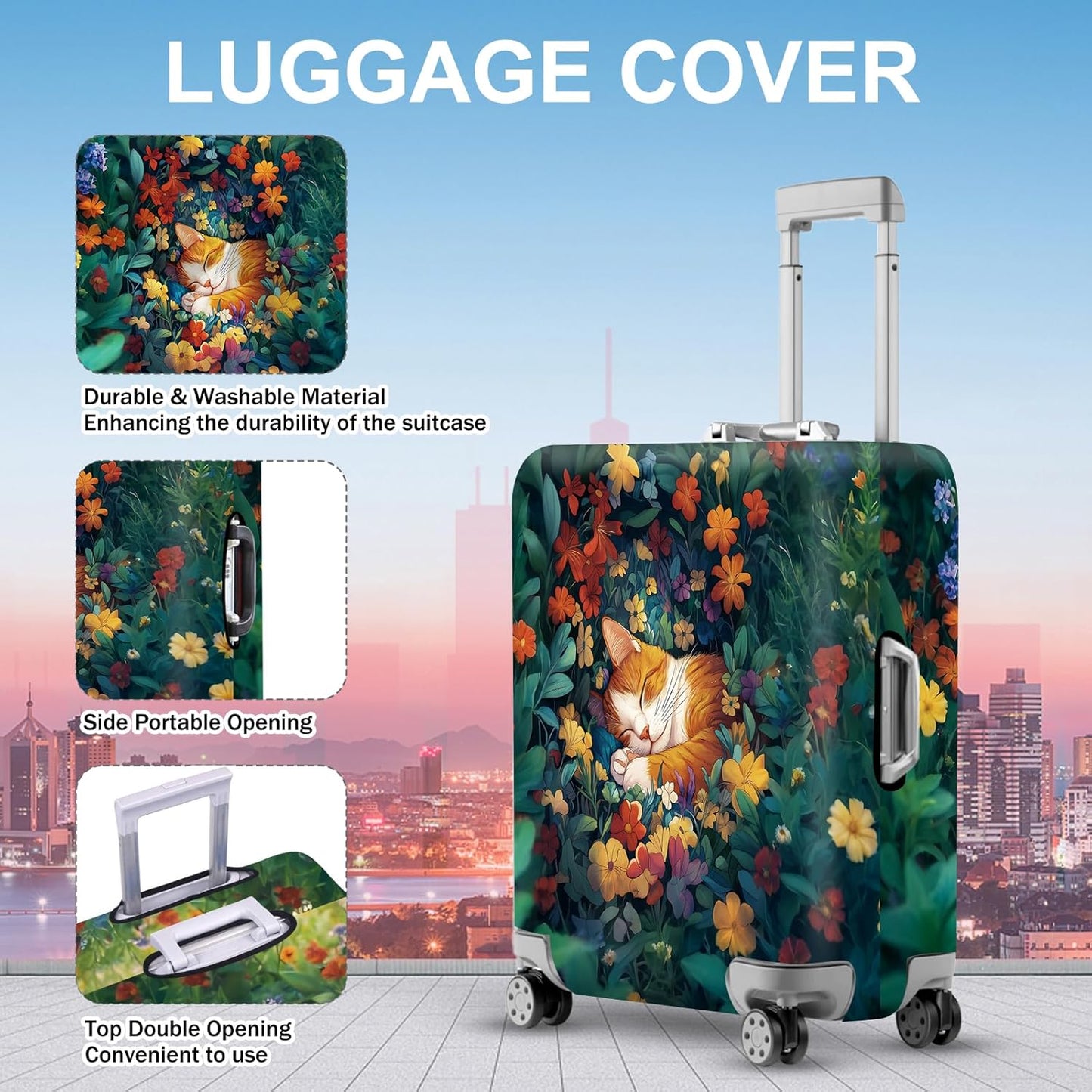 ANNA QUEEN Dreamy Cat Luggage Cover, Cat Sleeping in a Flower Field Design, Stretchable, Washable Travel Protector for 20-22 Inch Luggage