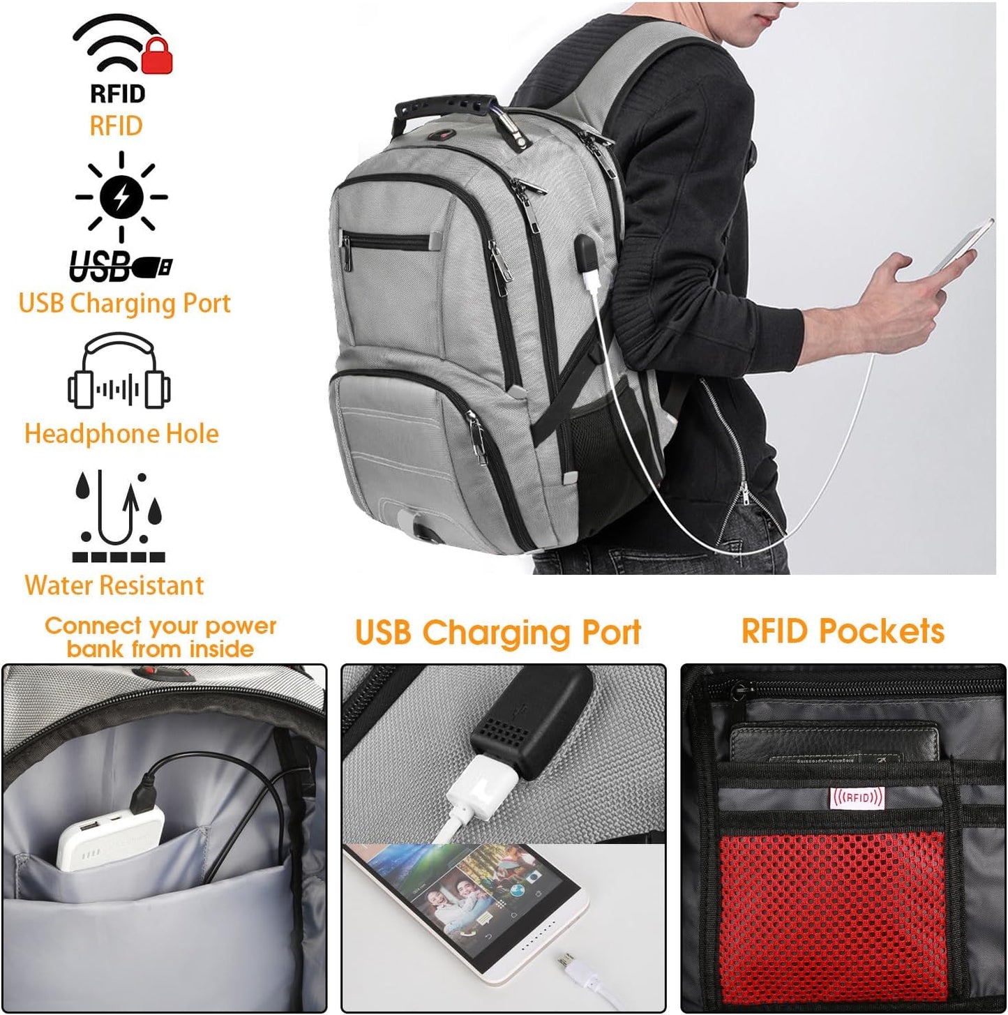LTINVECK Extra Large 50L Travel Laptop Backpack, Computer bag Backbag with USB Charging Port, TSA Friendly Durable Big RFID Heavy Duty Business Tech Backpack Fits 17 Inch Laptops for Men Women, Grey