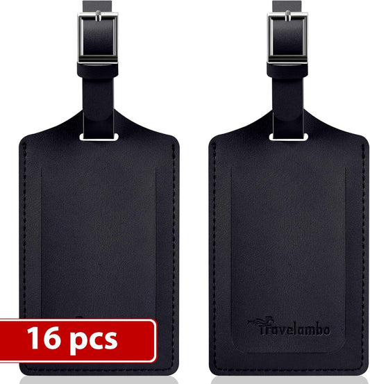 Travelambo Luggage Tags for Suitcases Faux Leather Privacy Protection 16 Pack Bag Tags Travel Accessories Essential, Black