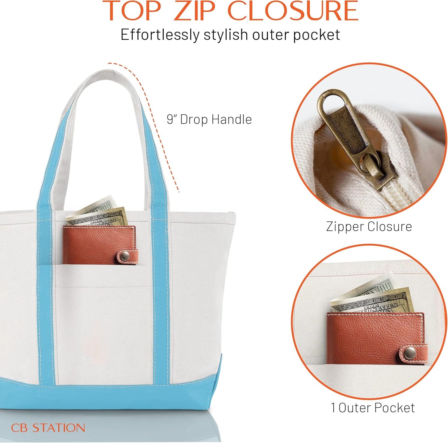 CB STATION Medium Classic Canvas Tote Bag for Women, Top Zipper Closure, Outer Pocket, Daily Essentials, Groceries, Traveling