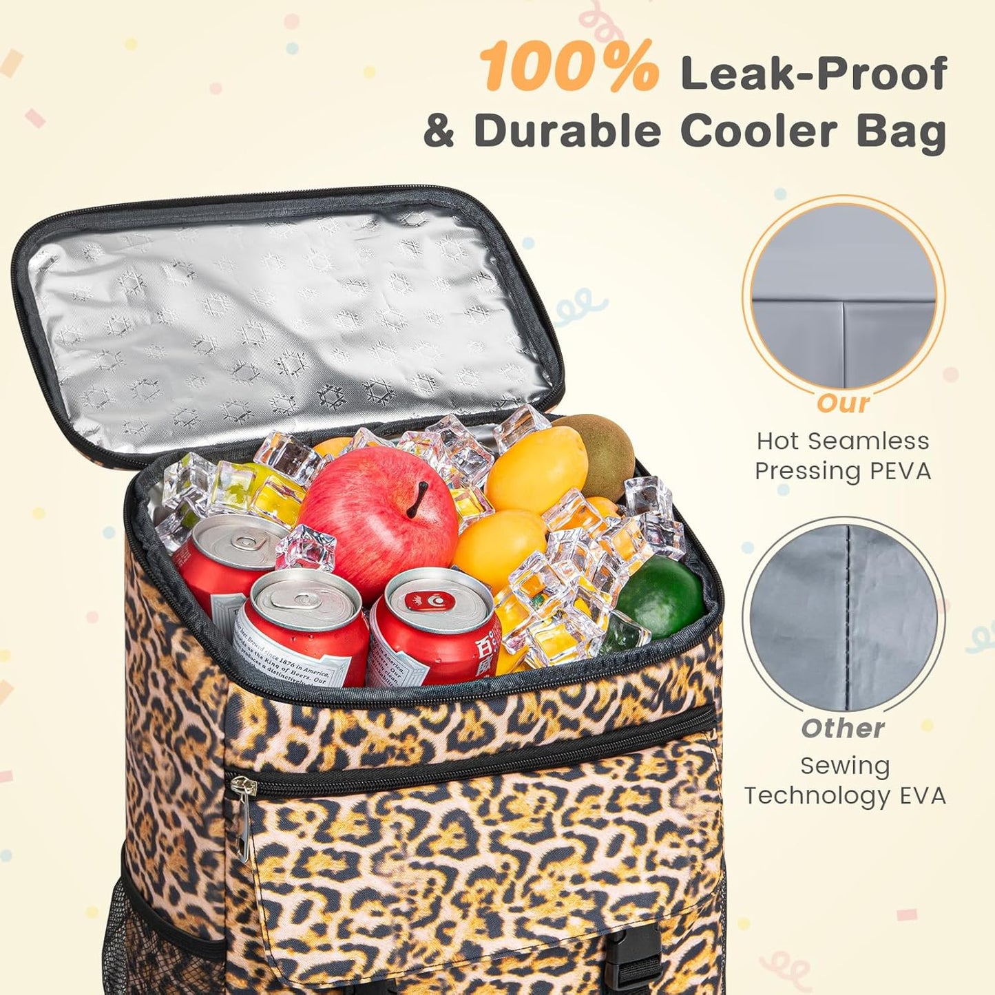 Cooler Backpack Soft Insulated Leak Proof 30 Cans Insulated Backpack Cooler Portable Picnic Camping Beach Hiking BBQ Lunch Backpack for Men and Women -Leopard Print