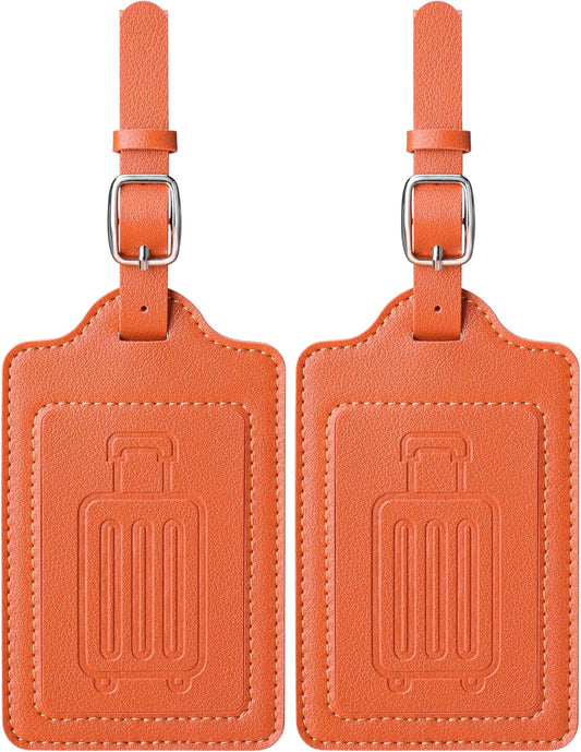 Teskyer Luggage Tags for Suitcases, TSA Approved with Privacy Protection Cover, Premium Faux Leather Bag Tags for Travel - 2 Pack, Orange