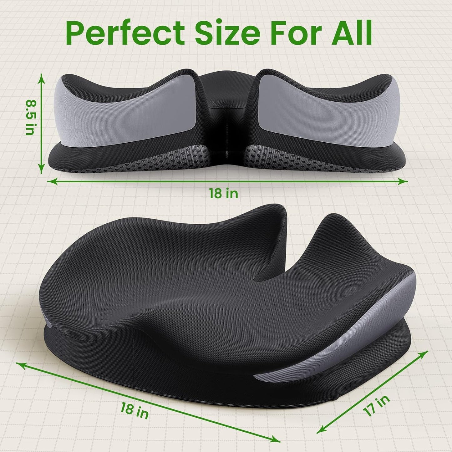 Benazcap Large Seat Cushion for Office Chair Memory Foam Coccyx Pain Relief Cushion Pillow for Back Support Non-Slip Seat Pad for Office Desk, Car Seat, Wheelchair, Sciatica