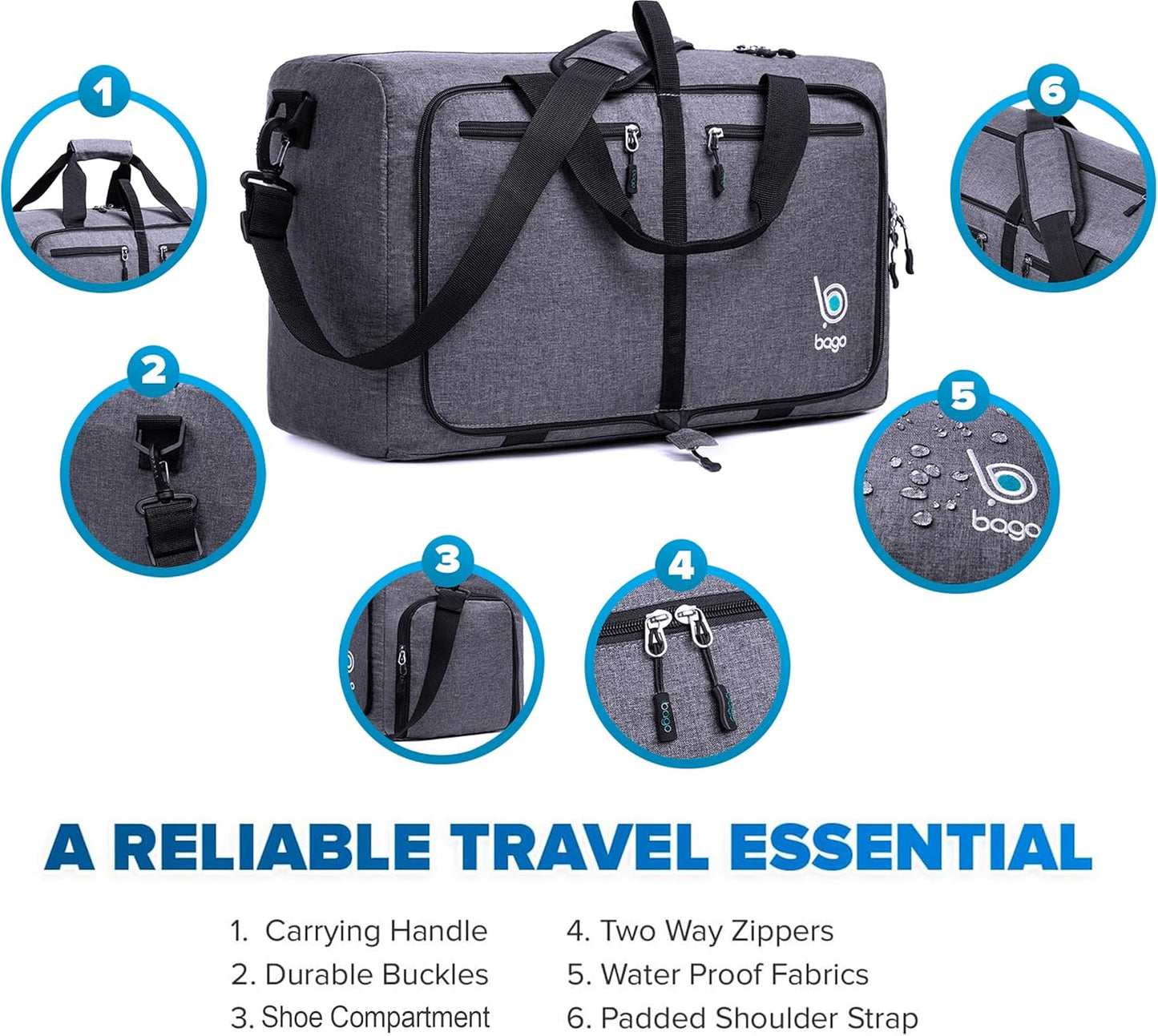 Bago Foldable Duffel Bags for Traveling Women & Men - 40L Sports Packable Duffle Bag for Travel with Shoe Compartment - Water Repellant, Heavy Duty, Lightweight Folding & Collapsible (SnowBlack)
