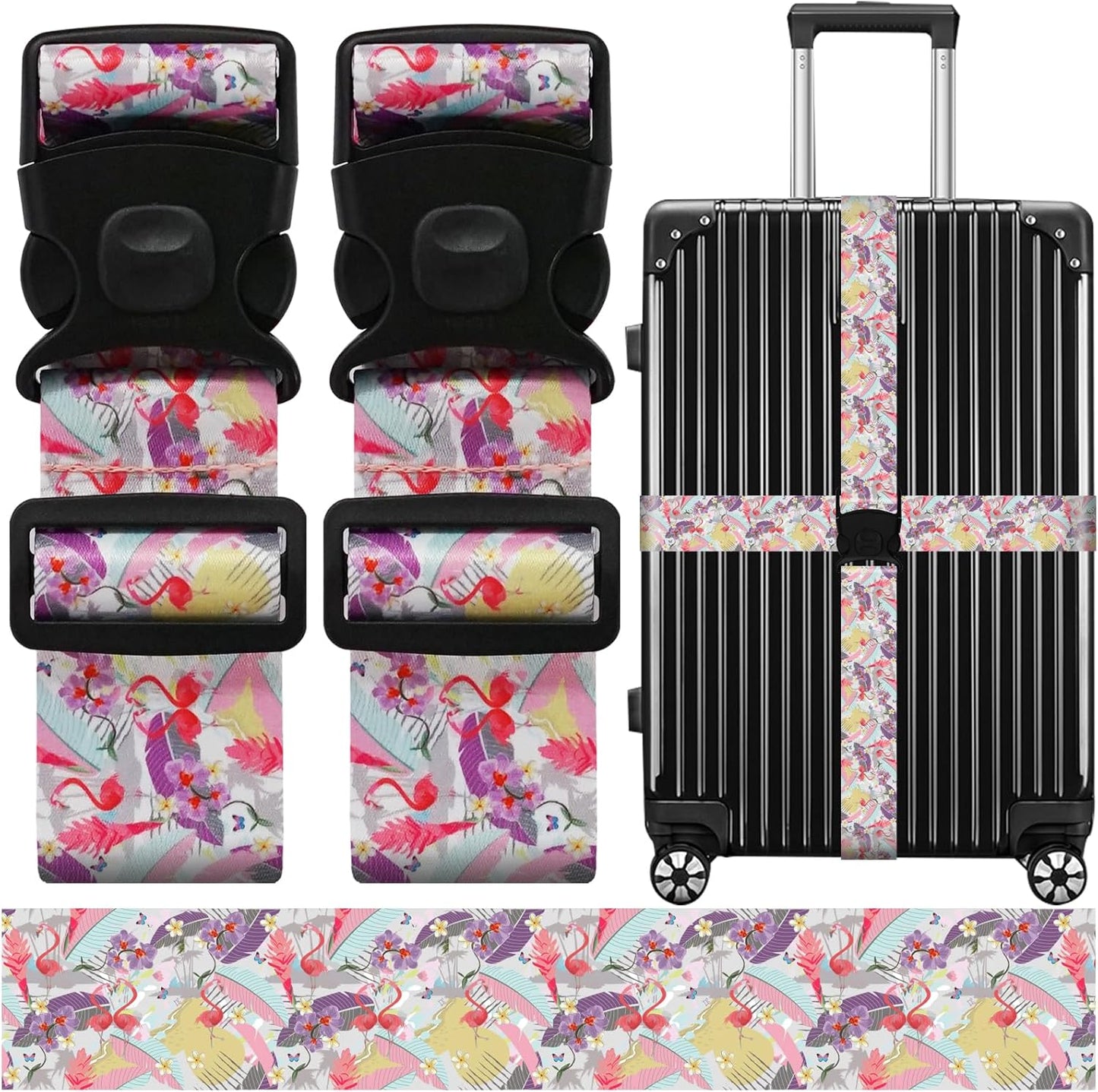 Luggage Straps for Suitcases, Travel Adjustable Belt with Quick Release Buckle, Heavy Duty Nylon Bag Packing Strap, Unique Bright Identifiers Business Travel Accessories (2 Pack) - Flamingo