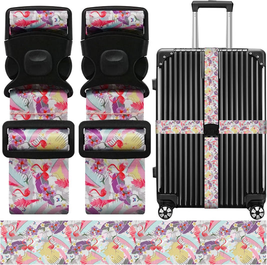 Luggage Straps for Suitcases, Travel Adjustable Belt with Quick Release Buckle, Heavy Duty Nylon Bag Packing Strap, Unique Bright Identifiers Business Travel Accessories (2 Pack) - Flamingo