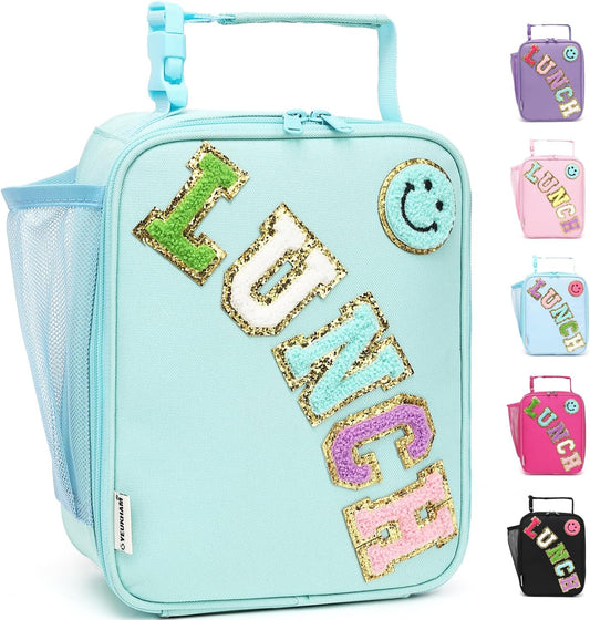 FlowFly Lunch box Insulated Soft Bag Mini Cooler Back to School Thermal Meal Tote Kit With Buckle and Mesh Side Pocket for Girls, Boys, GreenWithLetter