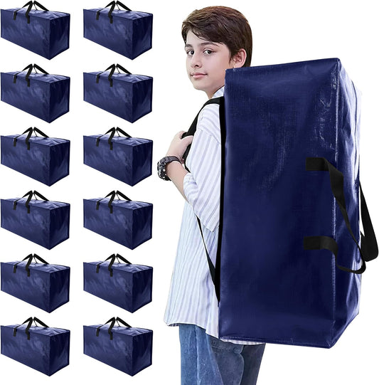 Heavy Duty Moving Bags with Backpack Straps and Strong Handles, Alternative to Moving Boxes and Storage Totes for Dorm Room Essentials, 12 Pack, Blue