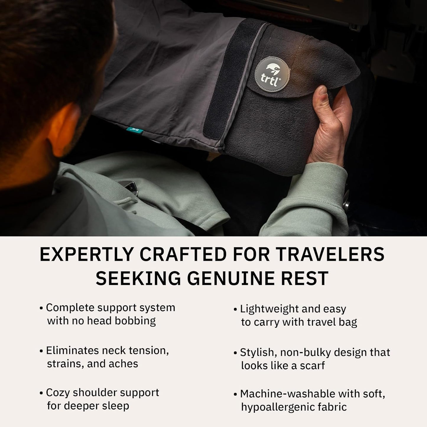 trtl Pillow - Scientifically Proven Super Soft Neck Support Travel Pillow - Machine Washable - Black