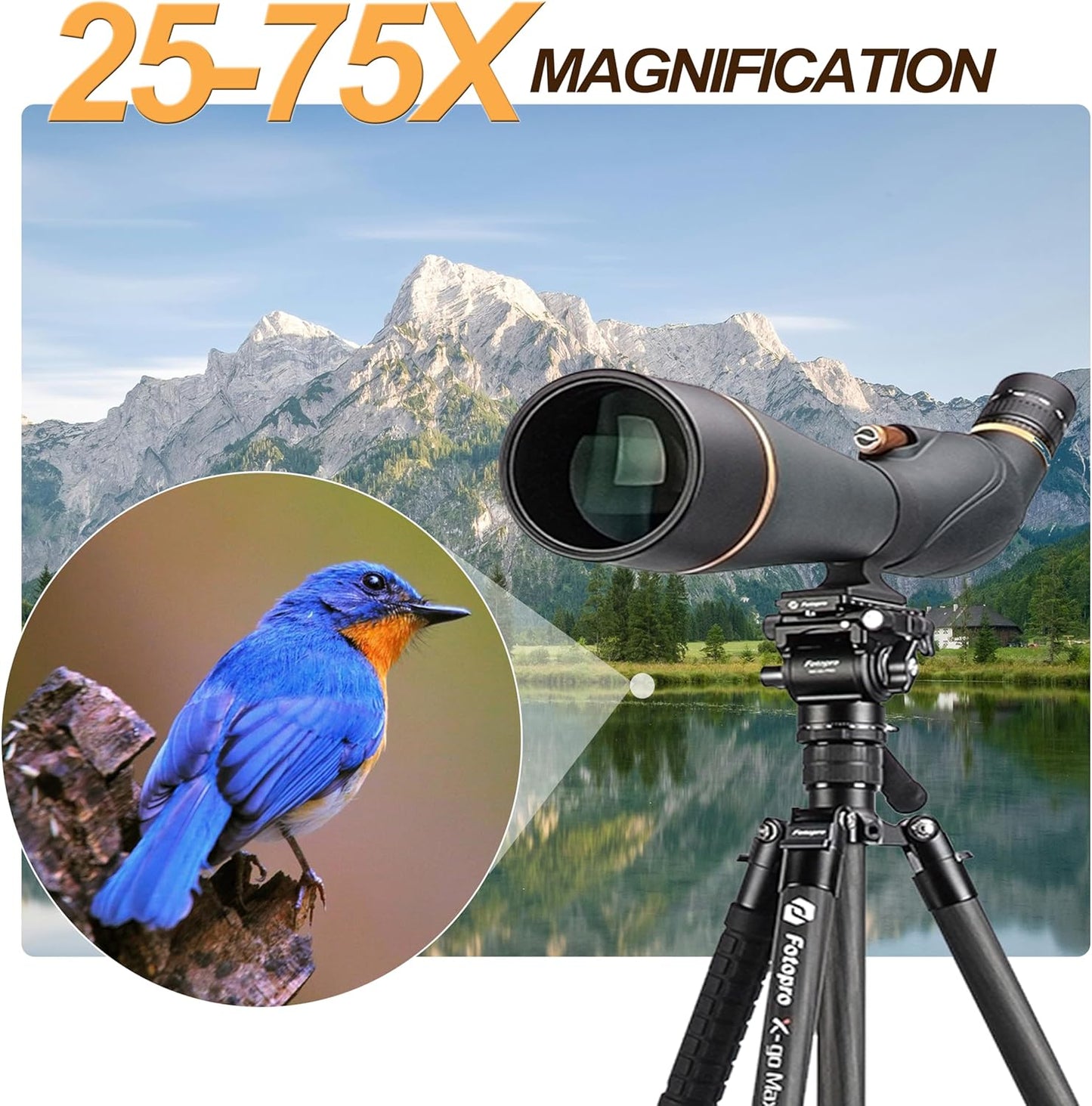 Fotopro 25-75x100 Spotting Scope for Bird Watching, X-Go Max E 2 Carbon Fiber Travel Tripod, Compact and Lightweight for Wildlife and Moon Viewing
