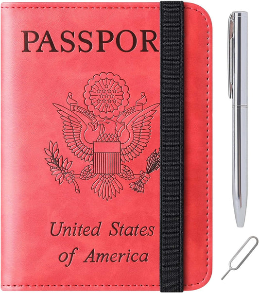 Passport Holder Cover Wallet Travel Essentials Leather Rfid Blocking Case Vacation Luggage Must Haves Travel Accessories for Men Women (116#Red)